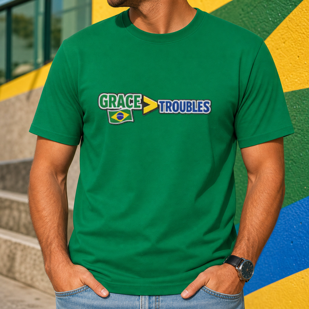 Grace Over Troubles Brazil Colors Tee in Kelly Green, faith-inspired soccer fan shirt