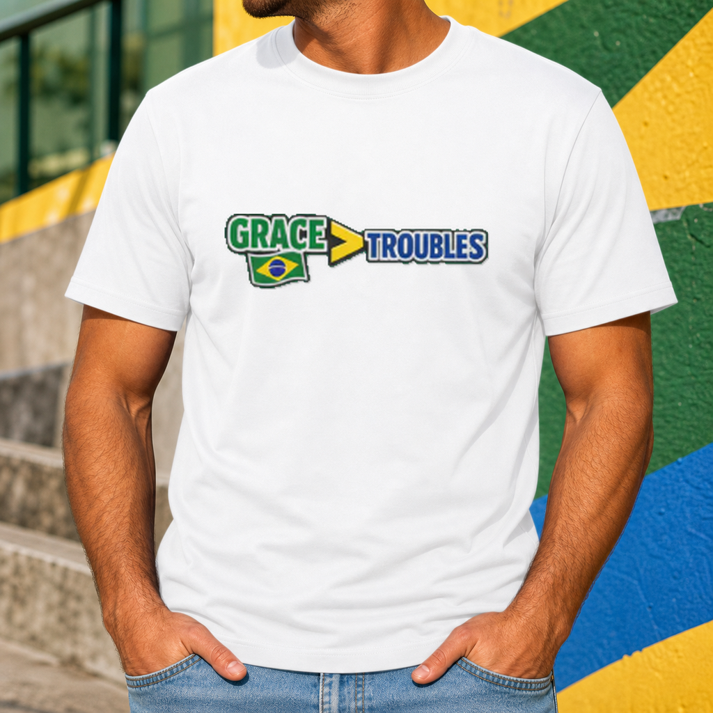 Grace Over Troubles Brazil Colors Tee in White, Christian soccer fan apparel