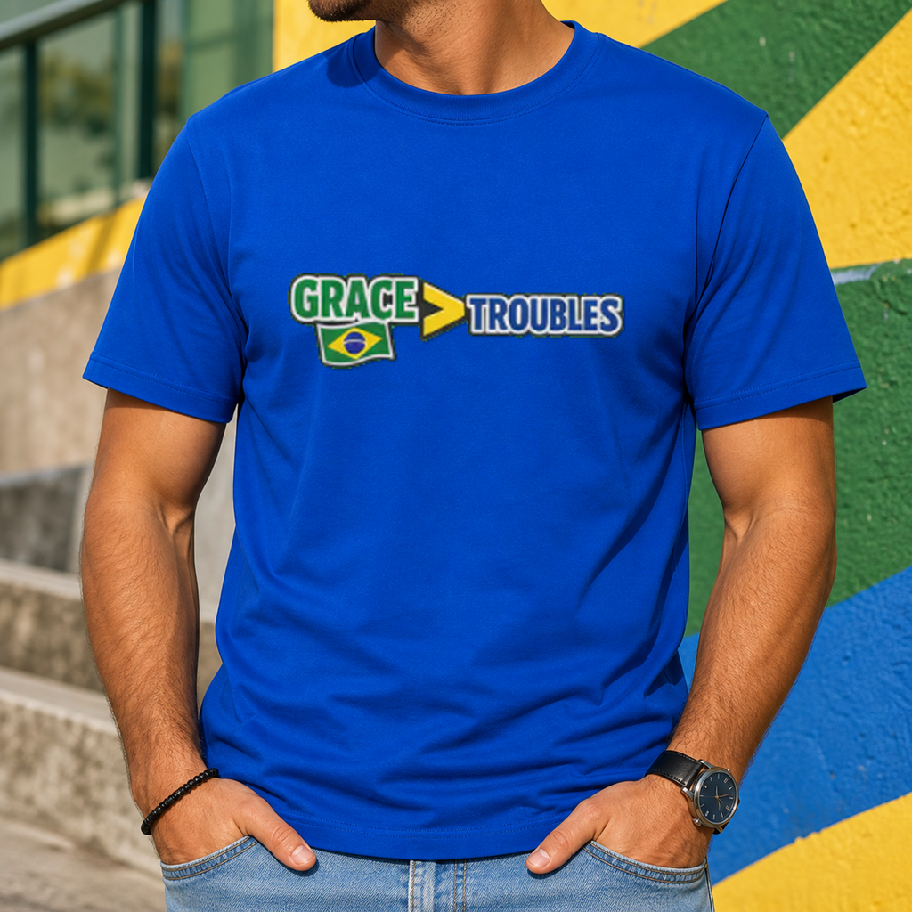 Grace Over Troubles Brazil Colors Tee in Royal Blue, faith-inspired Brazil soccer shirt
