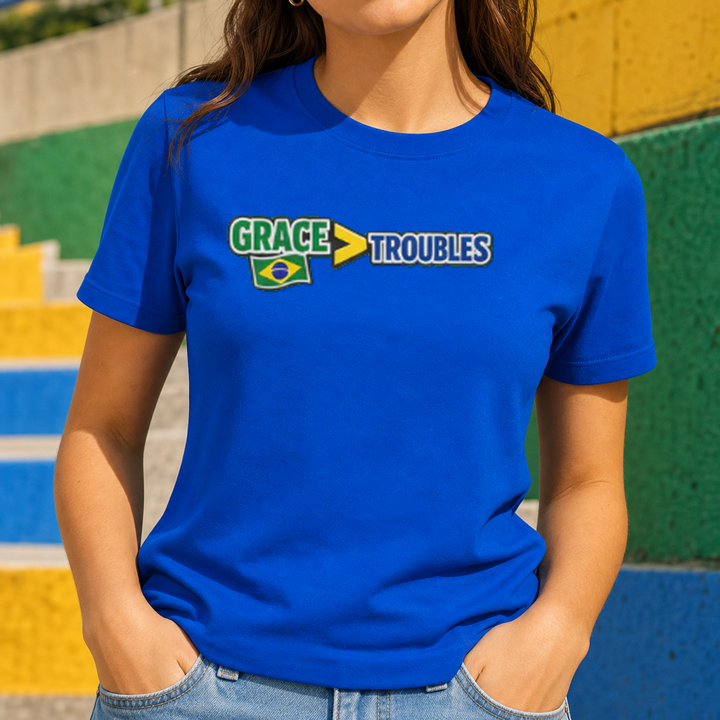 Grace Over Troubles Brazil Colors Tee women's Royal Blue mockup, Christian soccer fan shirt