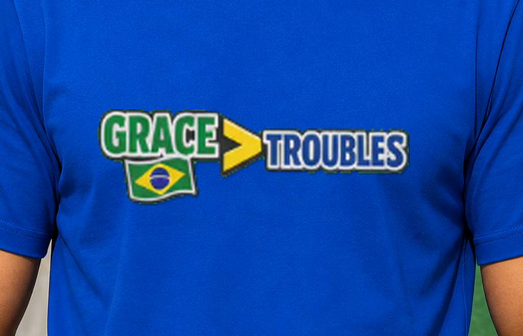 Grace Over Troubles Brazil colors Christian tee design close-up