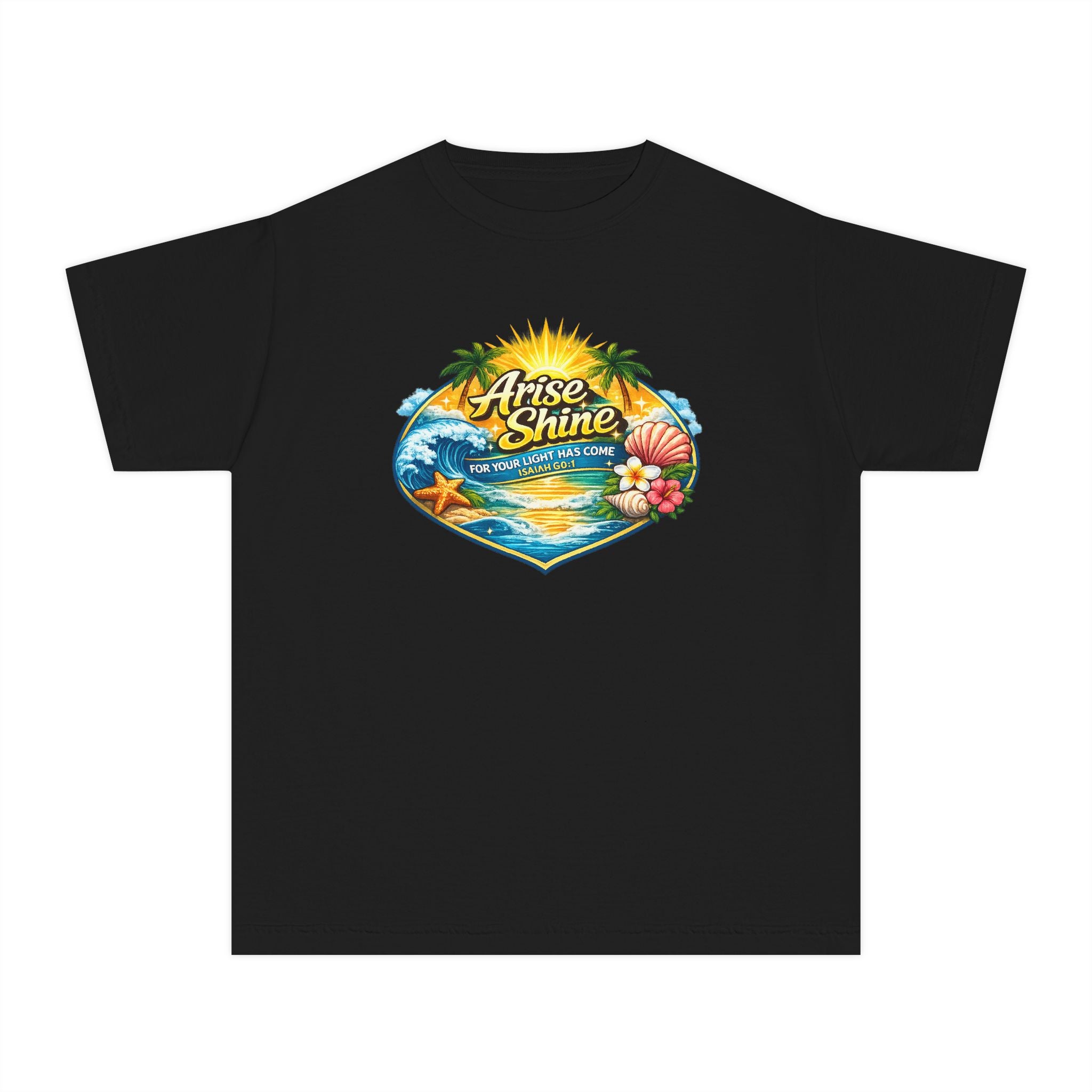 Youth Tee — "Arise & Shine" Tropical Beach Sunset Graphic