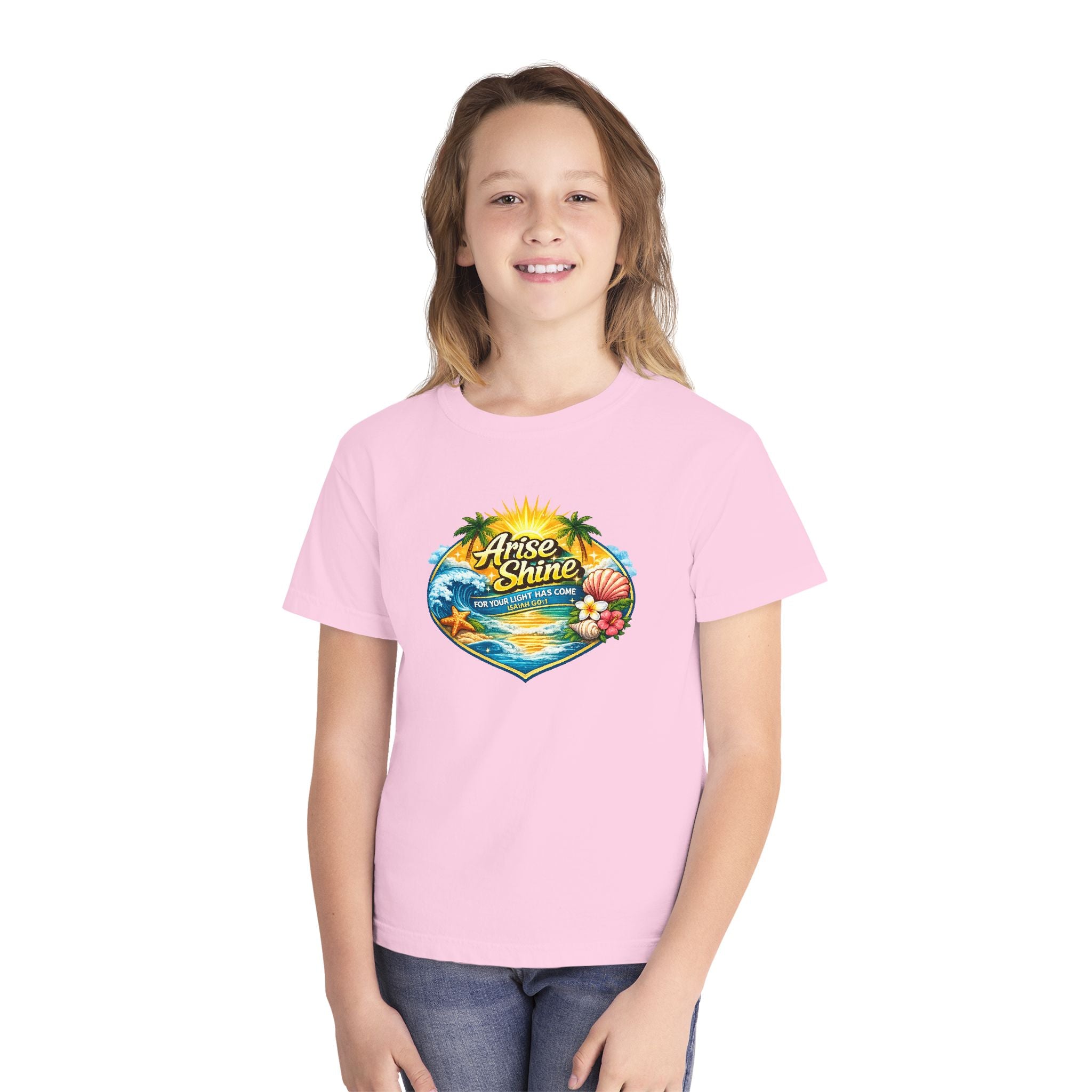 Youth Tee — "Arise & Shine" Tropical Beach Sunset Graphic