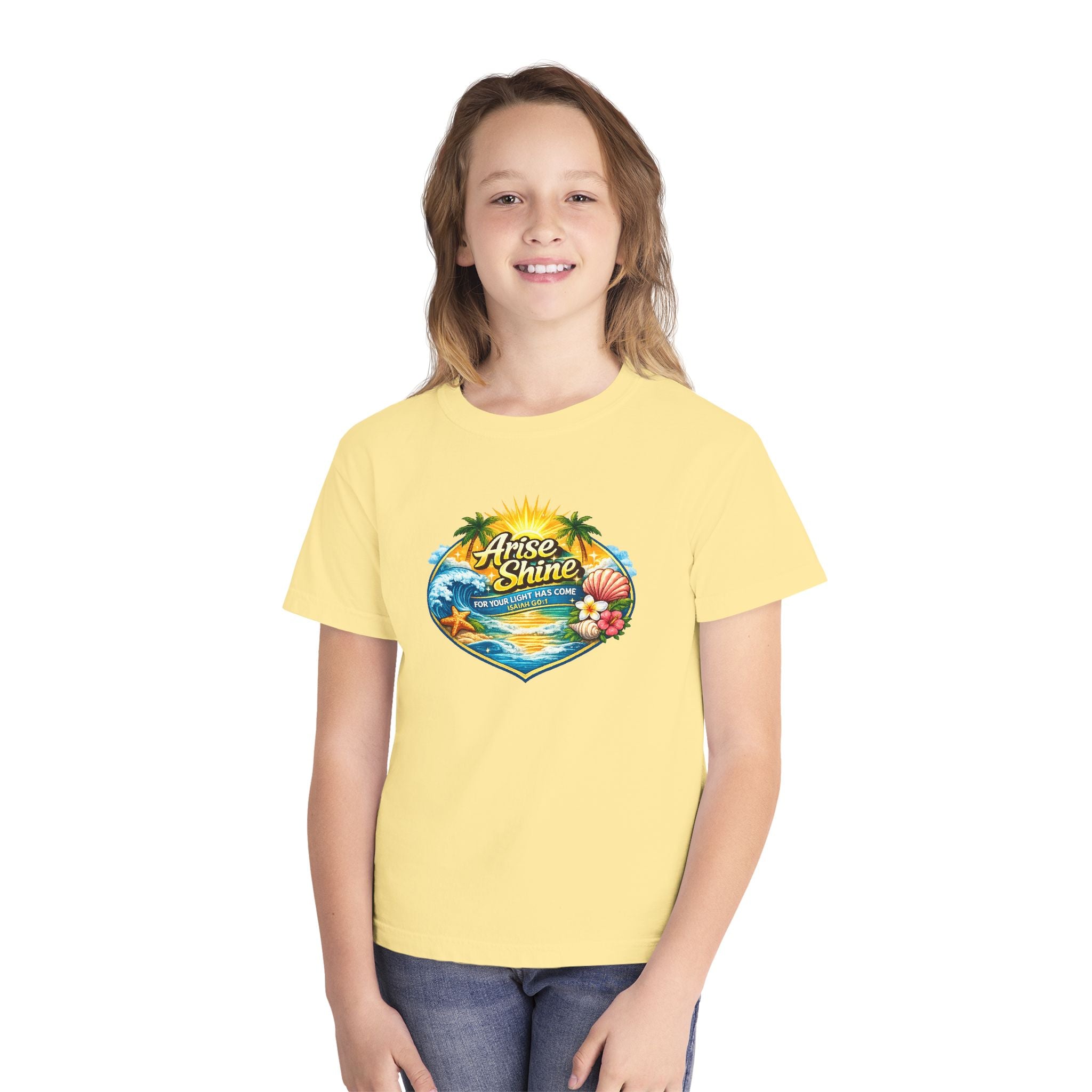 Youth Tee — "Arise & Shine" Tropical Beach Sunset Graphic