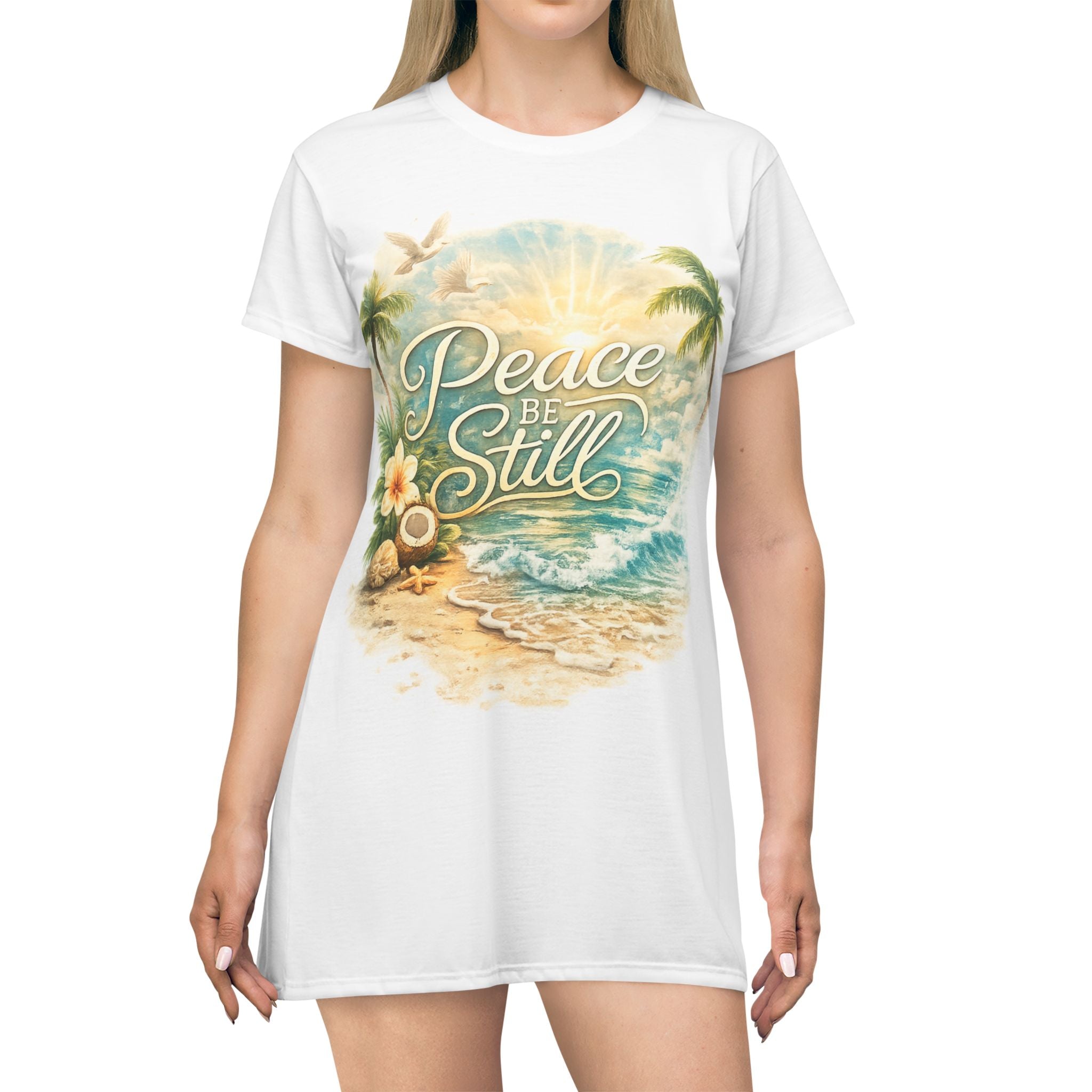 Peace Be Still Beach T‑Shirt Dress – Tropical Palm & Ocean Graphic