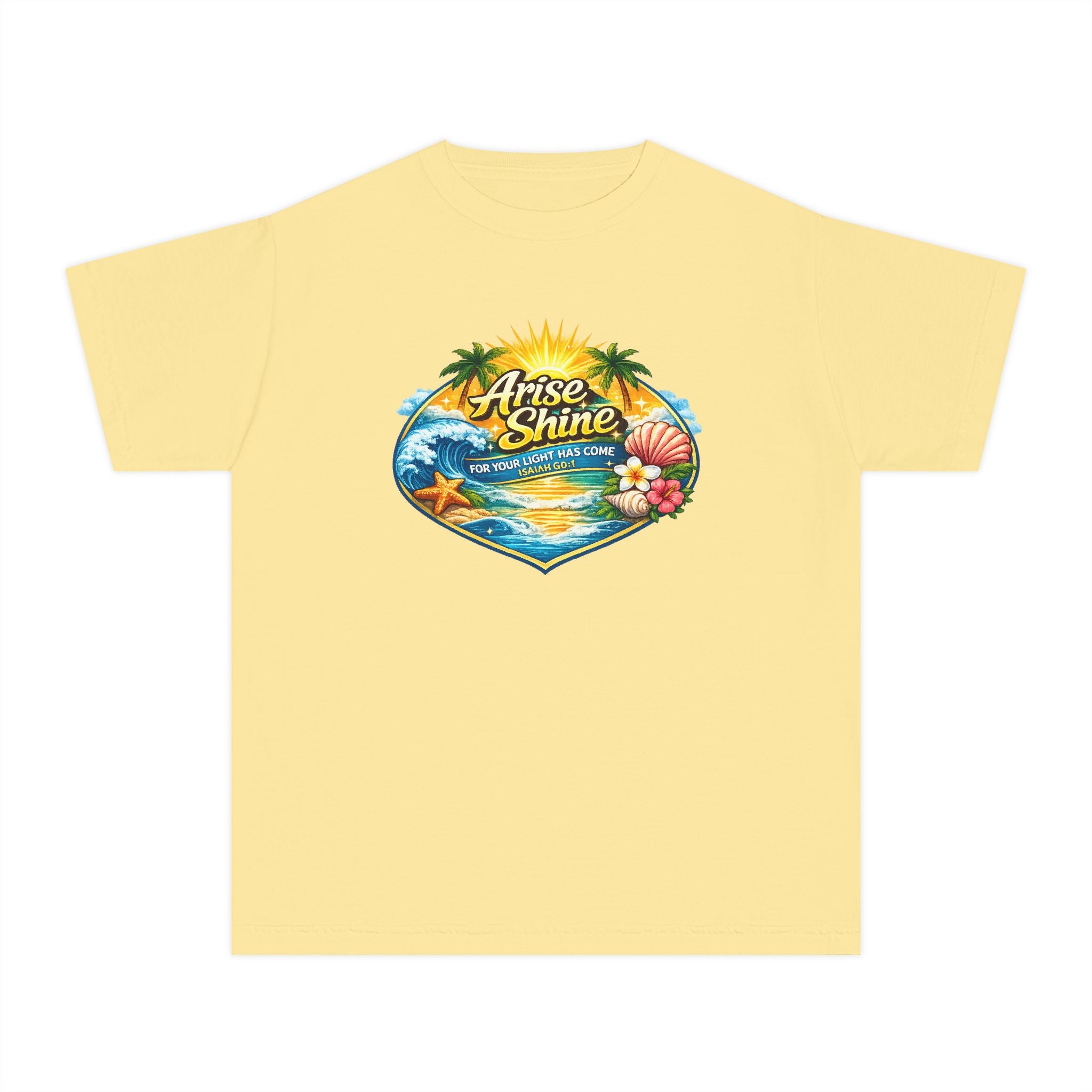 Youth Tee — "Arise & Shine" Tropical Beach Sunset Graphic