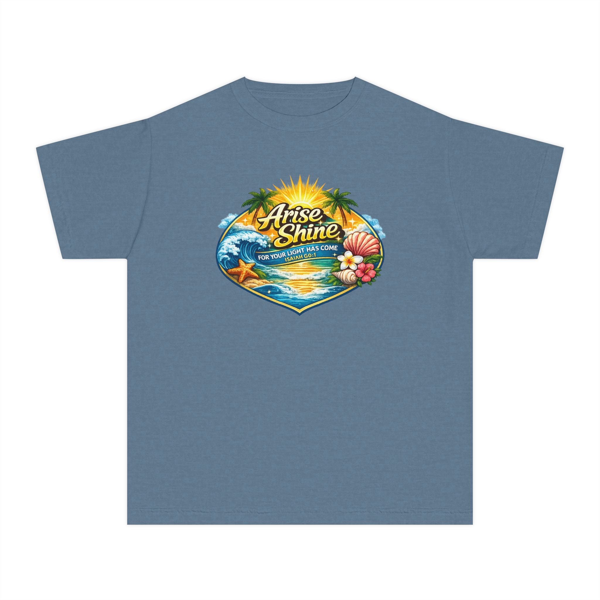 Youth Tee — "Arise & Shine" Tropical Beach Sunset Graphic