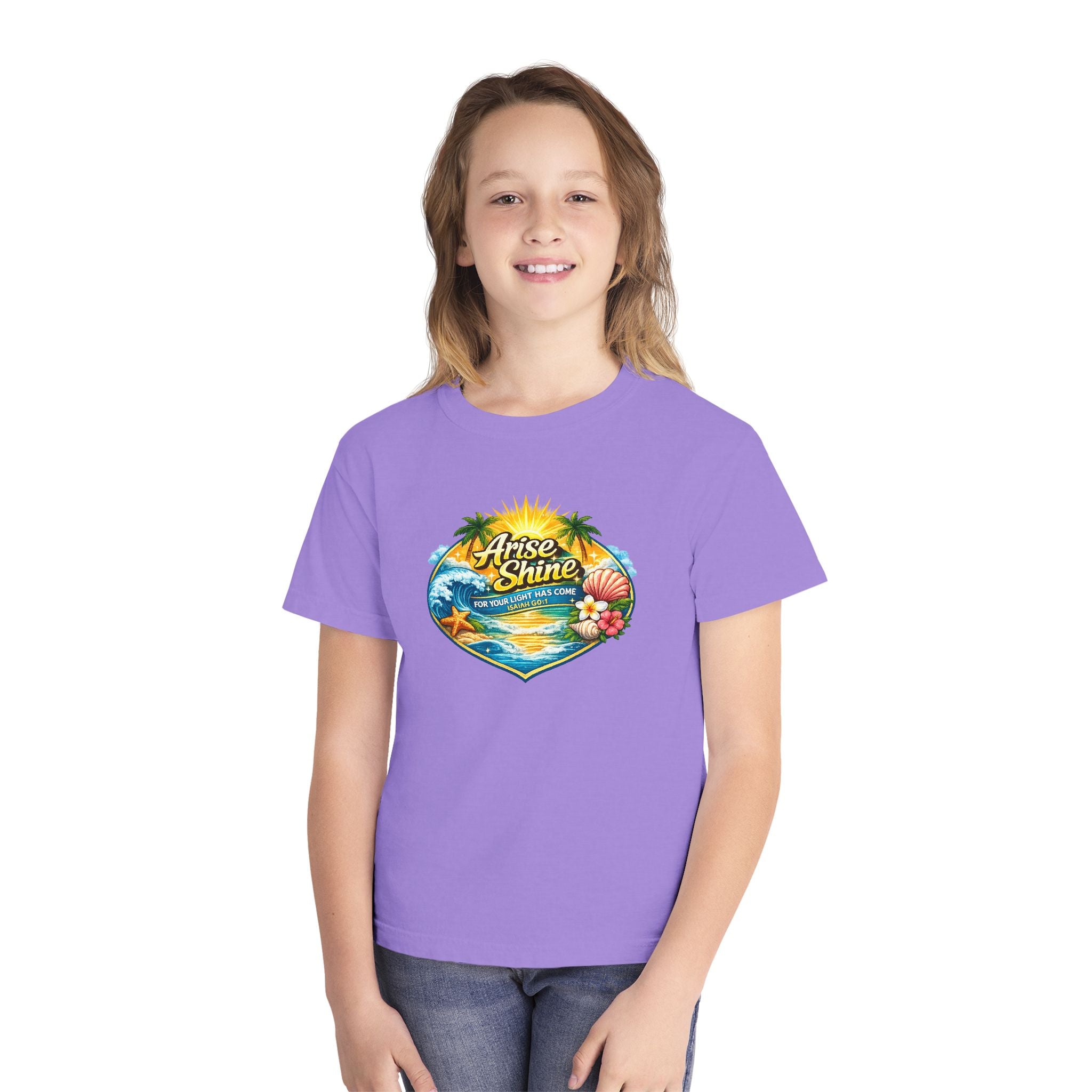 Youth Tee — "Arise & Shine" Tropical Beach Sunset Graphic