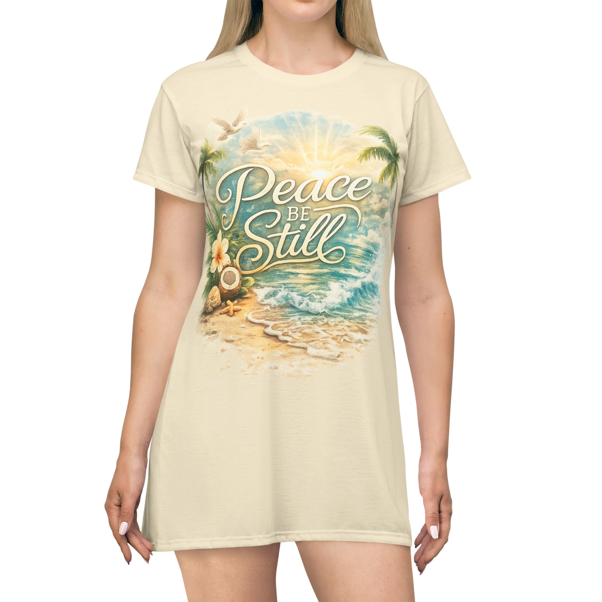 Peace Be Still Beach T-Shirt Dress — Tropical Sunset Graphic