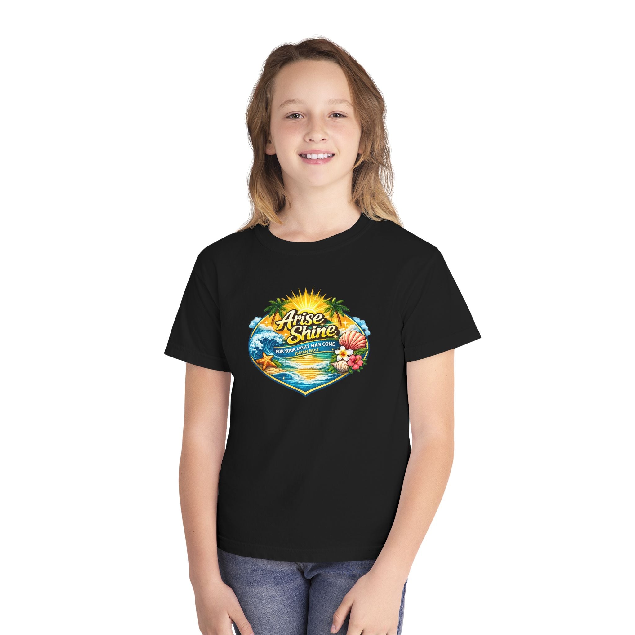 Youth Tee — "Arise & Shine" Tropical Beach Sunset Graphic