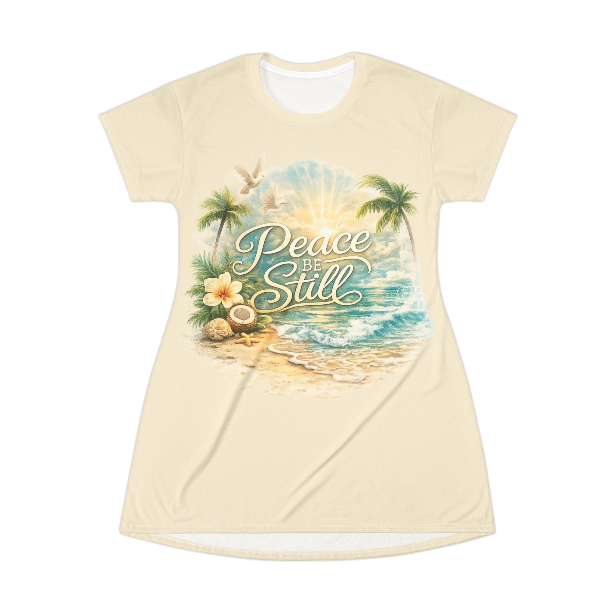 Peace Be Still Beach T-Shirt Dress — Tropical Sunset Graphic