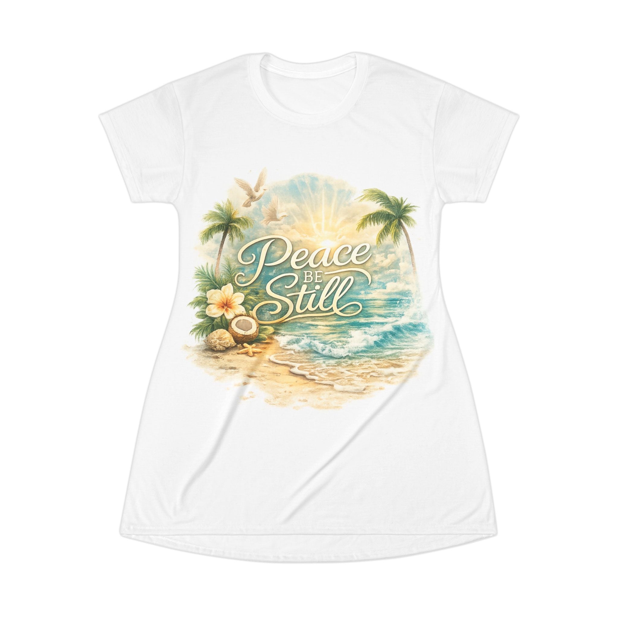Peace Be Still Beach T‑Shirt Dress – Tropical Palm & Ocean Graphic