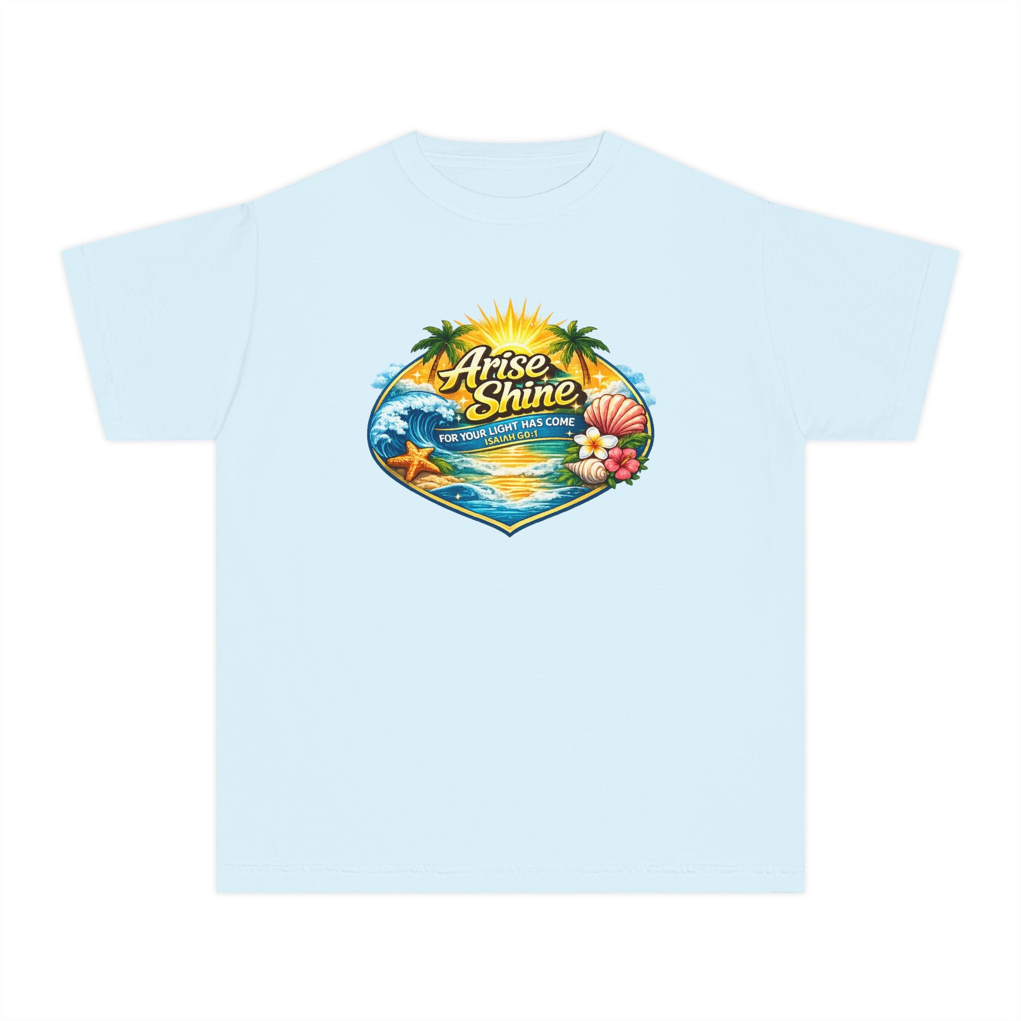 Youth Tee — "Arise & Shine" Tropical Beach Sunset Graphic