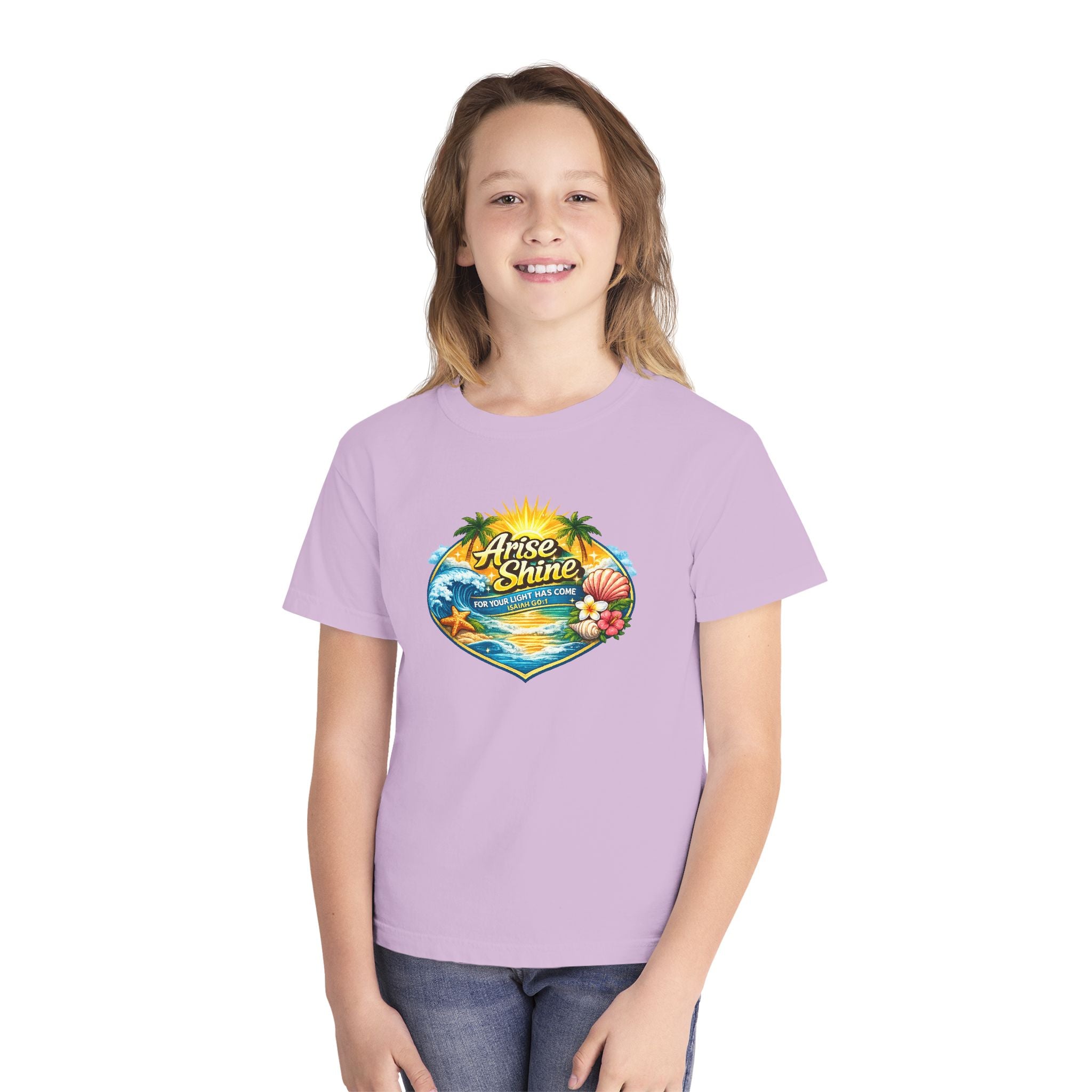 Youth Tee — "Arise & Shine" Tropical Beach Sunset Graphic