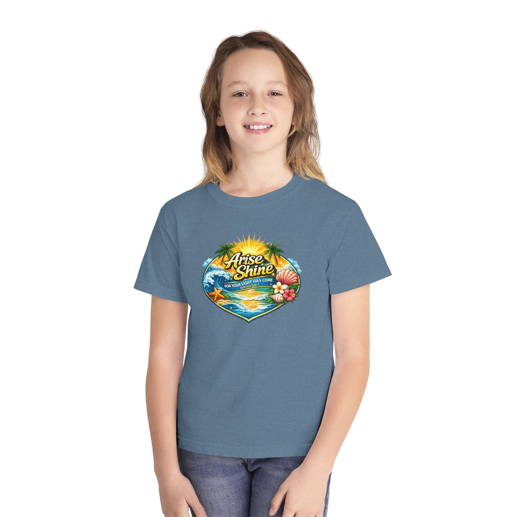 Youth Tee — "Arise & Shine" Tropical Beach Sunset Graphic
