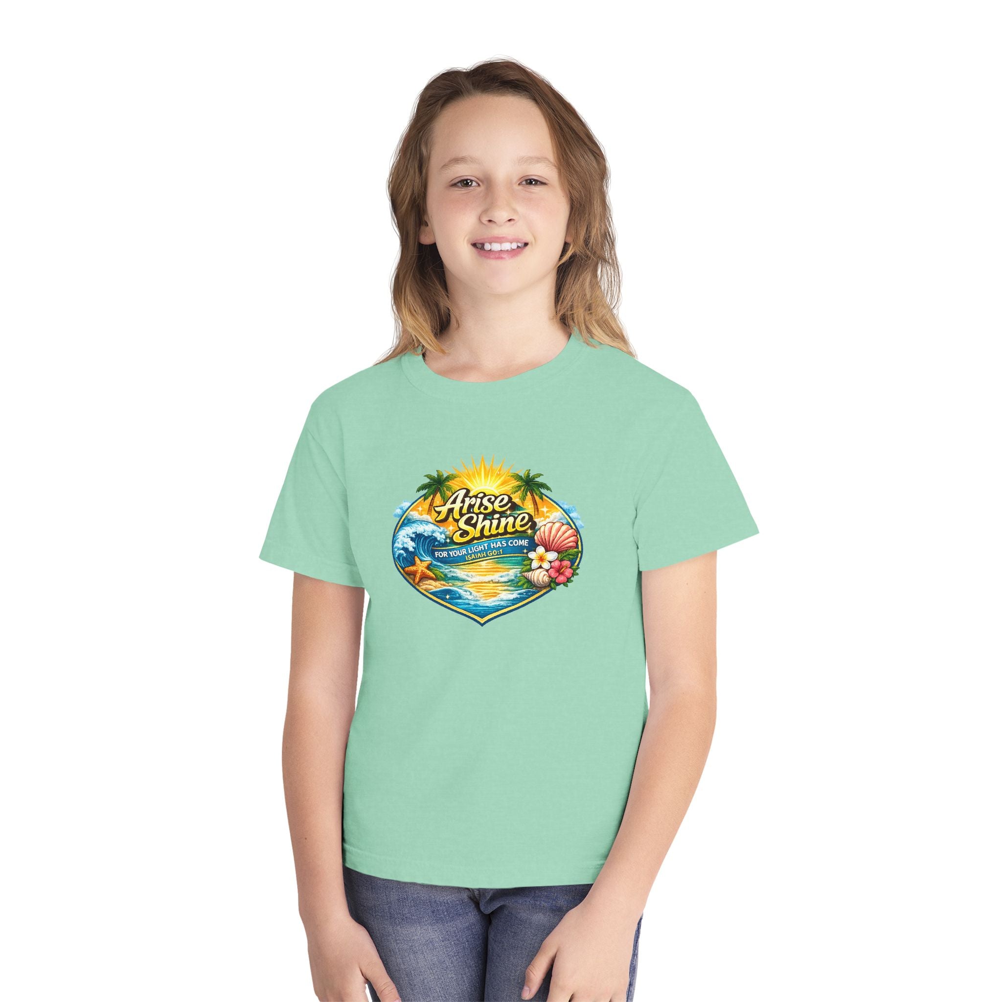 Youth Tee — "Arise & Shine" Tropical Beach Sunset Graphic