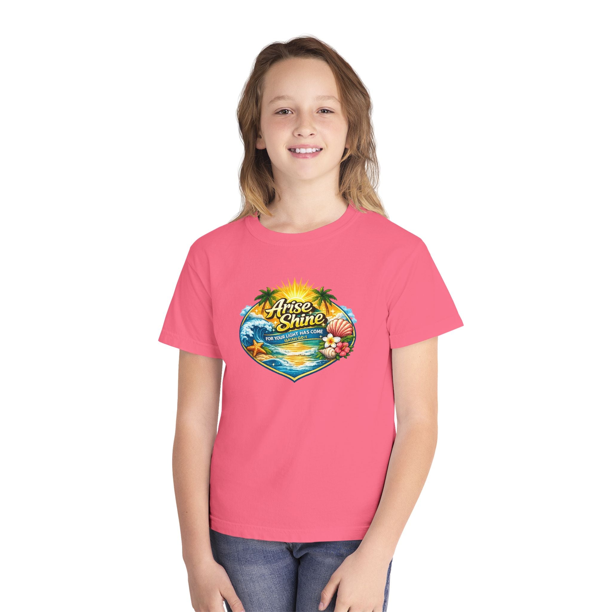Youth Tee — "Arise & Shine" Tropical Beach Sunset Graphic