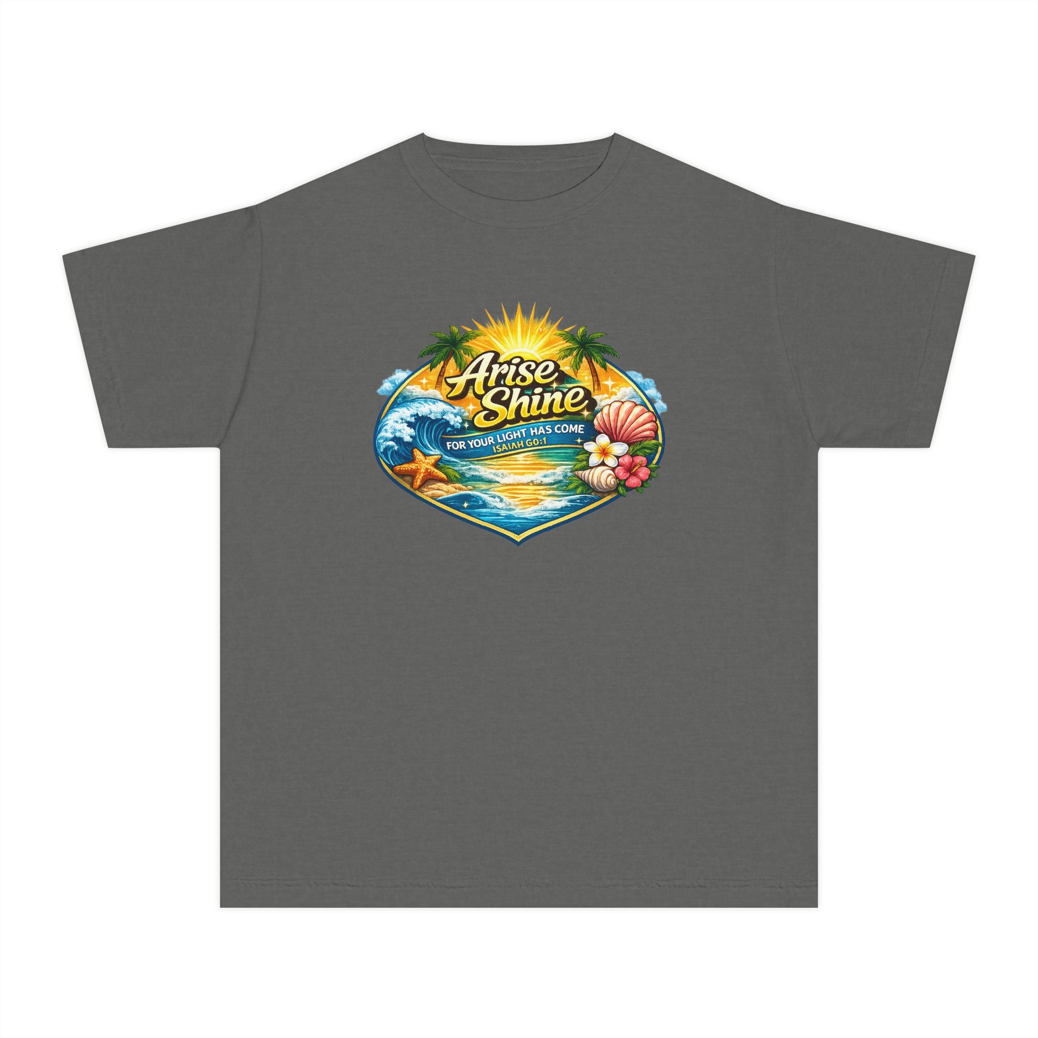Youth Tee — "Arise & Shine" Tropical Beach Sunset Graphic