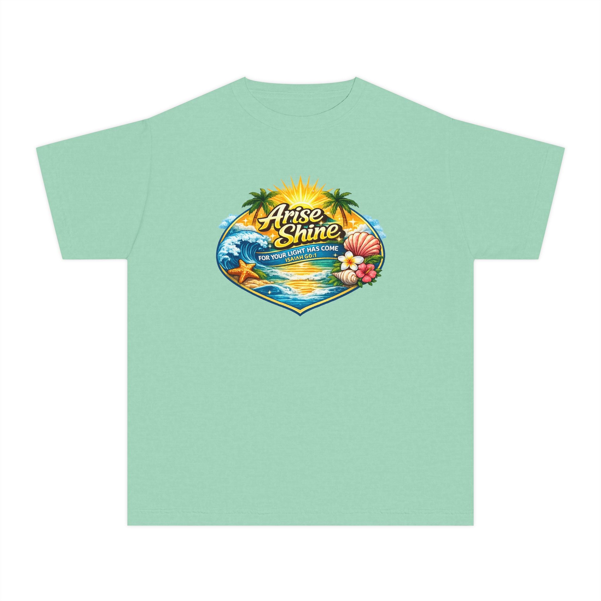 Youth Tee — "Arise & Shine" Tropical Beach Sunset Graphic