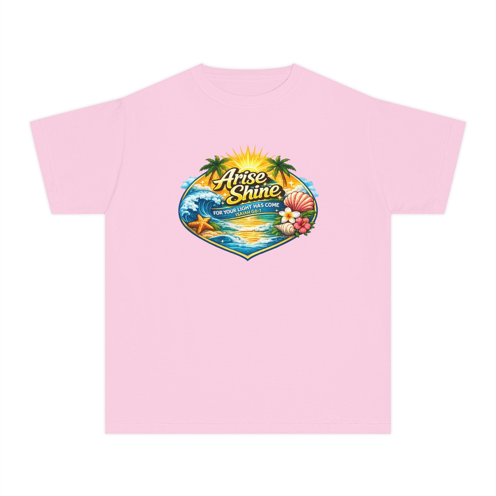 Youth Tee — "Arise & Shine" Tropical Beach Sunset Graphic
