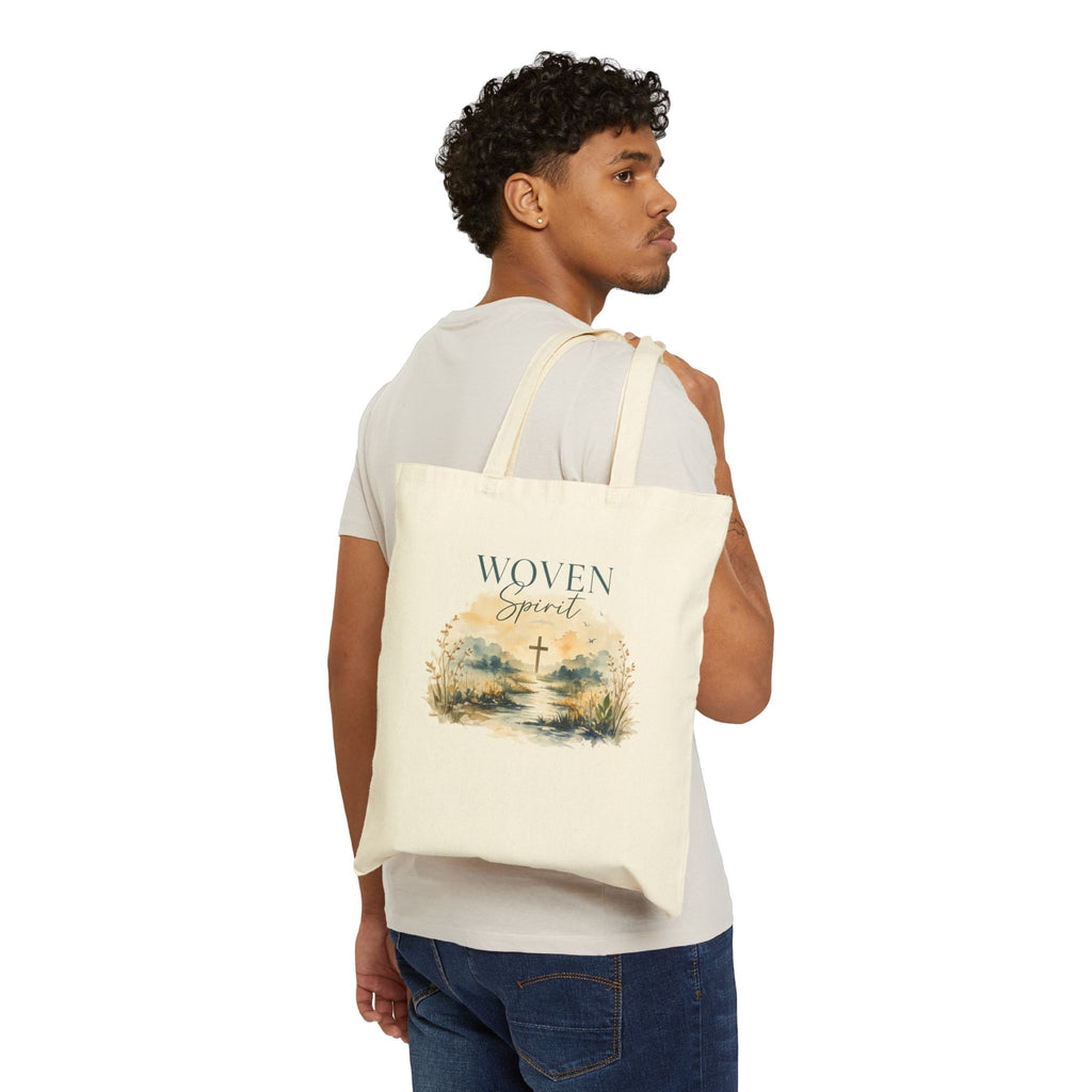 Woven Spirit Cross Sunset Tote Bag | Canvas Scripture Art